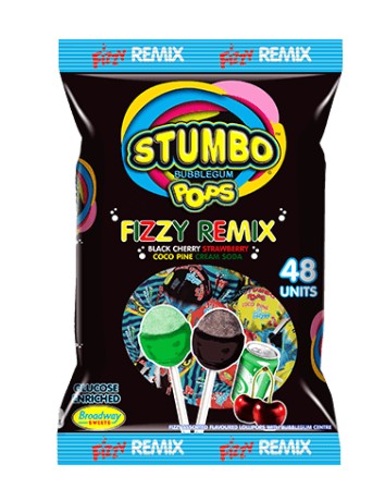 Stumbo Pops Fizzy Remix Black Cherry, Strawberry, Coco Pine, Cream Soda Lollipops 48